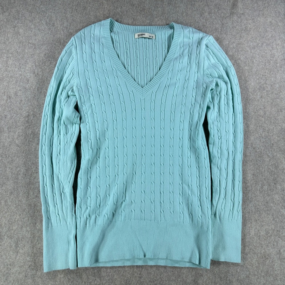 Old Navy Classic Cable Knit V Neck Sweater Womens Size Medium Light Blue Cotton